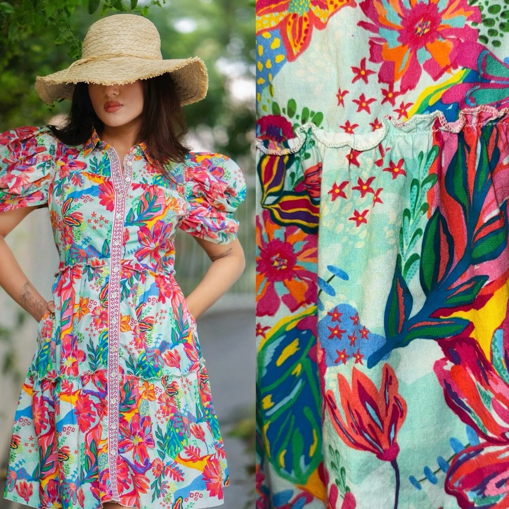 $185 EUC Sohana Aloha Printed Terra Button Front Collared Dress w/ Pockets S